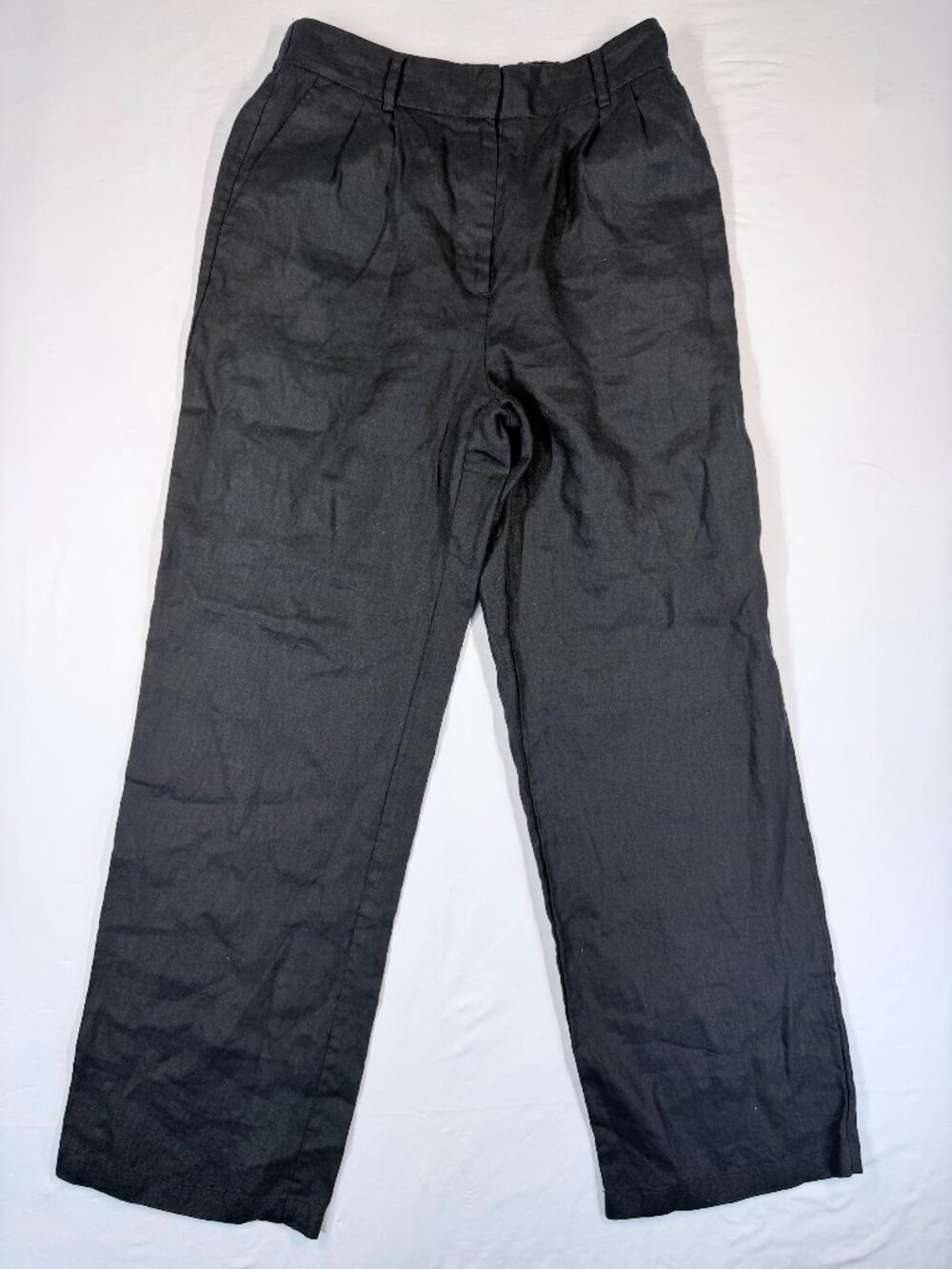 Quince Women's Size 6 100% Linen Pleated Trousers Black Wide Leg Pants